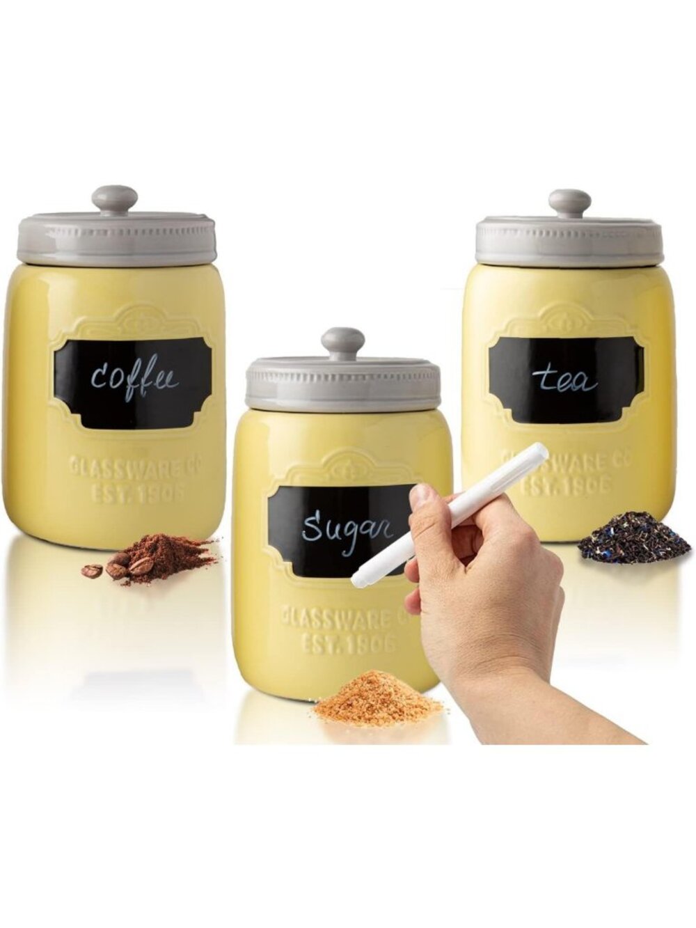 Set of 3 Yellow Ceramic Mason Jar Canisters with Air-Tight Lids for Storage